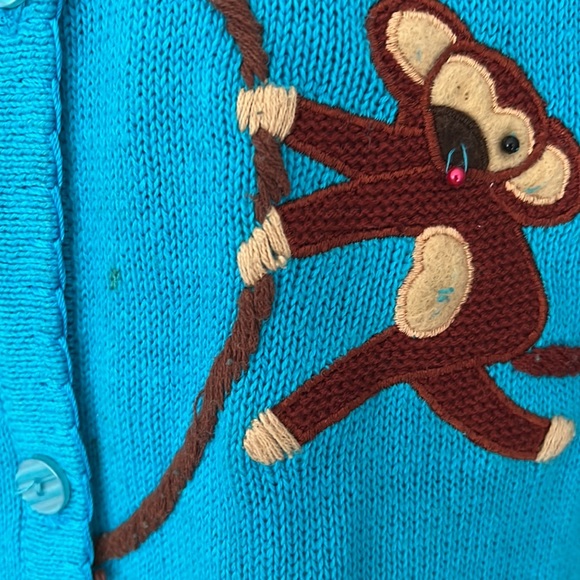 Quacker Factory embroidered turquoise monkey cardigan - size Large - Picture 2 of 10